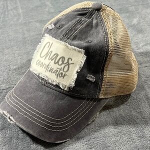 C.C Chaos Coordinator Trucker Hat Womens Grey Tan Distressed Ponytail Mesh Cap